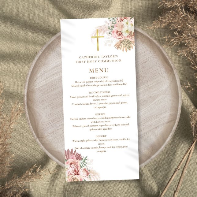 Menu Herbe de la Pampa Florale Première Sainte Communio (Pampas Grass Floral First Holy Communion Menu)