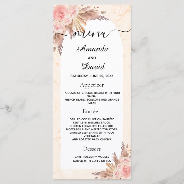 Menu Herbe de pampas de mariage rose gold floral marble (Devant)