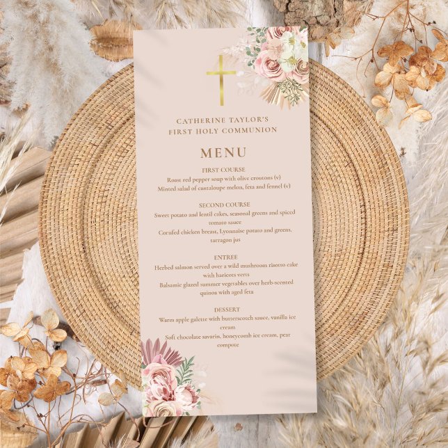 Menu Herbe des Pampas Florale Première Sainte Communion (Pampas Grass Floral First Holy Communion Menu)