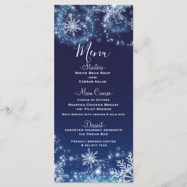 Menu Hiver Merveilleux Flocons de Neige Bleus et B (Devant)