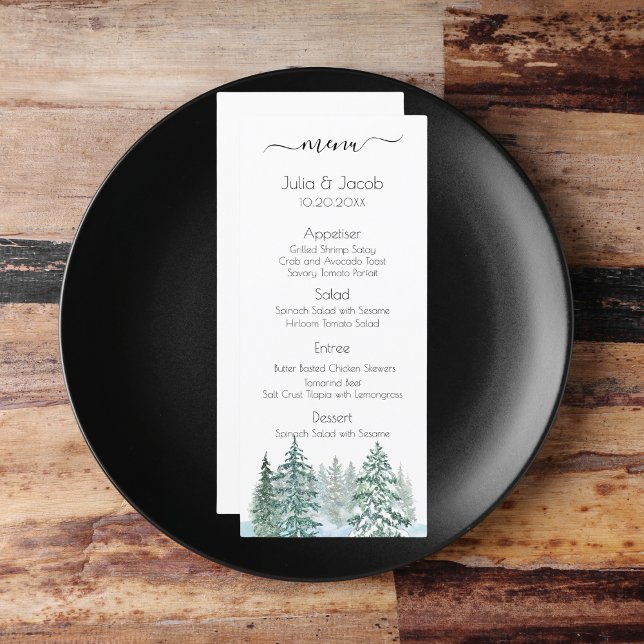 Menu Hiver Pins Rustiques Lanterne Mariage botanique (Winter Rustic Pine Trees Lantern Botanical Wedding Party Supplies)