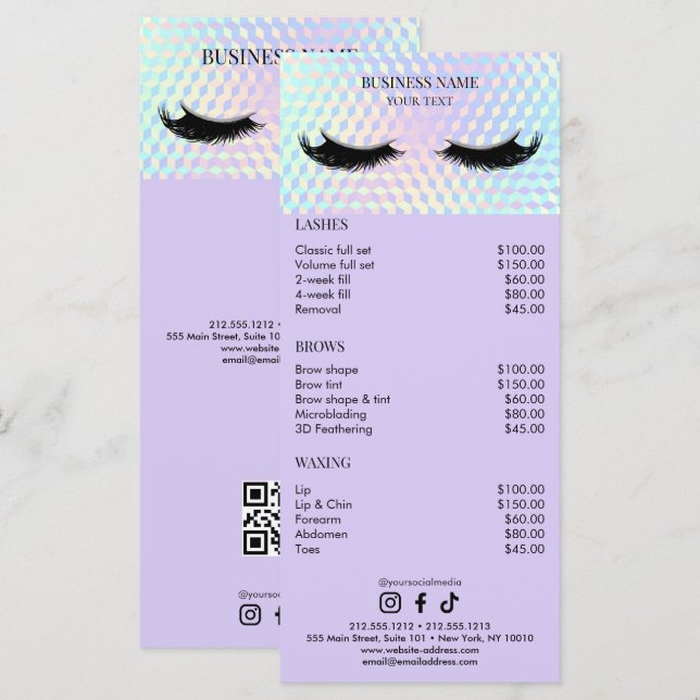Menu Holographic Lashes Salon Price List (Devant / Derrière)