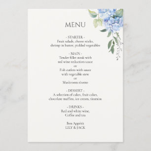 Menu Hors blanc Elégant Mariage bleu beige Hydrangea