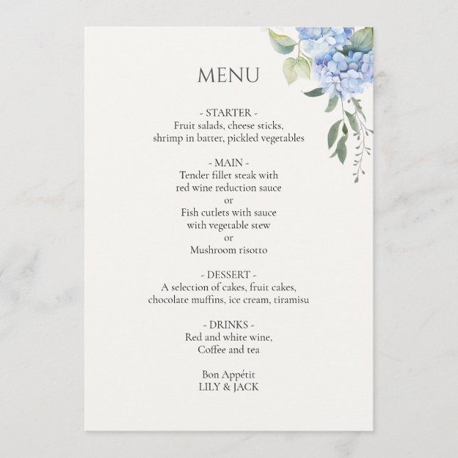 Menu Hors blanc | Elégant Mariage bleu beige Hydrangea (Devant)
