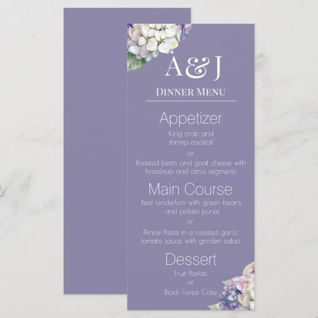 Menu Hortensias violet et blanc à monogramme sur lavand (Devant / Derrière)