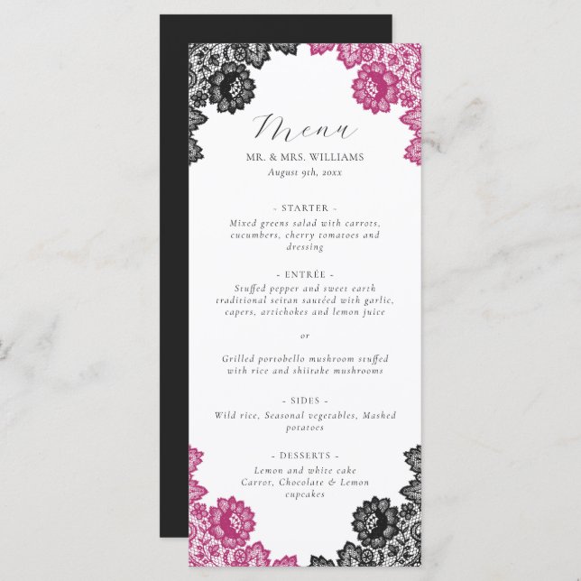 Menu Hot Pink and Black Floral Lace Wedding (Devant / Derrière)