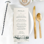 Menu Hunter Green | Mariage d'esquisse de montagne<br><div class="desc">Notre menu rustique chic mariage ou spécial événement vous propose des entrées,  des entrées et des desserts agrémentés d'une illustration esquissée de pics de montagne,  de pins et d'une rivière qui coule,  avec en haut "menu" en calligraphie élégante. Coordonnées avec notre collection mariage Mountain Sketch.</div>