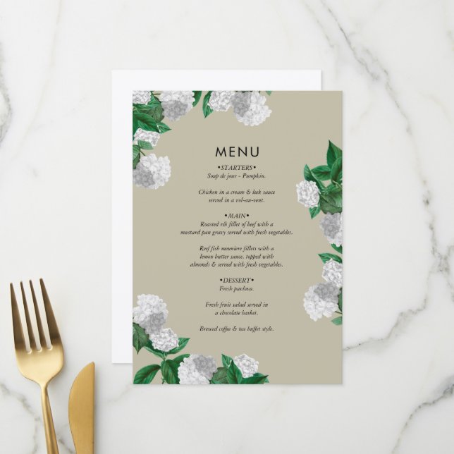 Menu Hydrangea Blanche Floral Modernité Mariage (Devant/Arrière en situation)