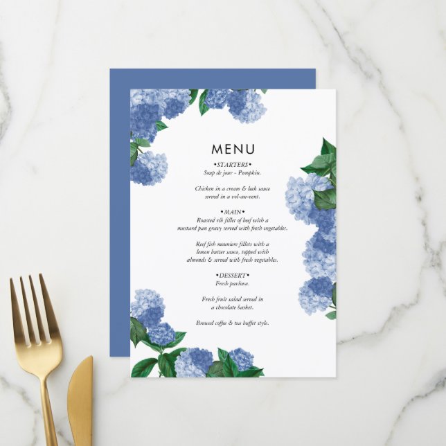 Menu Hydrangea Bleu Floral Végétal Mariage Moderne (Devant/Arrière en situation)