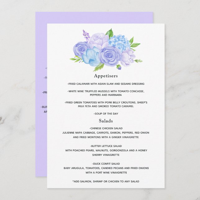 Menu Hydrangea Blue et Lavender Mariage clair (Devant / Derrière)