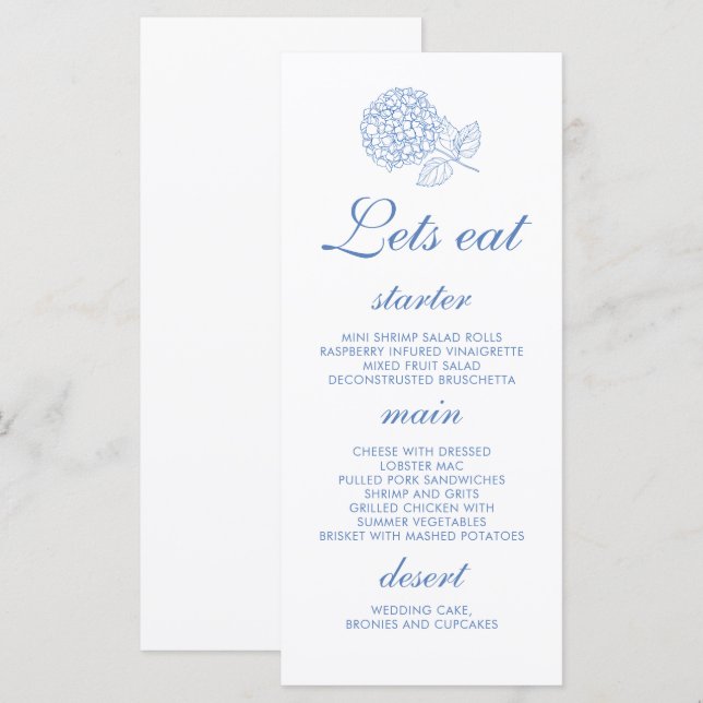 Menu Hydrangea Dusty Blue Floral Mariage (Devant / Derrière)