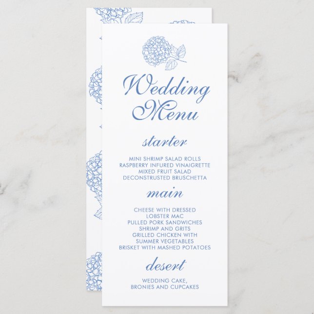 Menu Hydrangea Dusty Blue Floral Mariage moderne (Devant / Derrière)