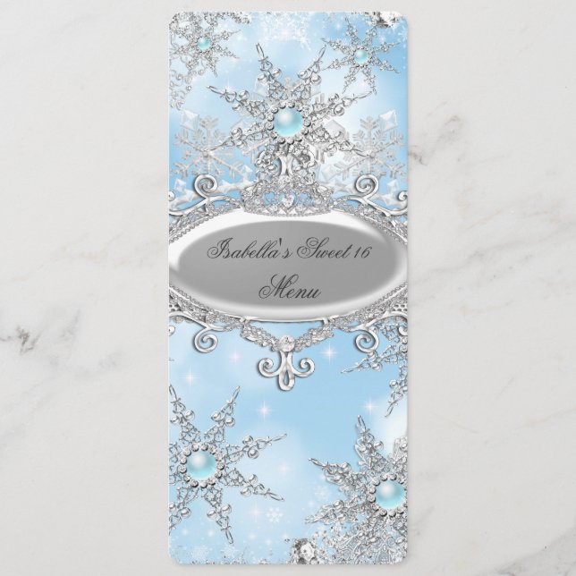 Menu Icy Blue Princess Winter Wonderland Sweet 16 (Devant)