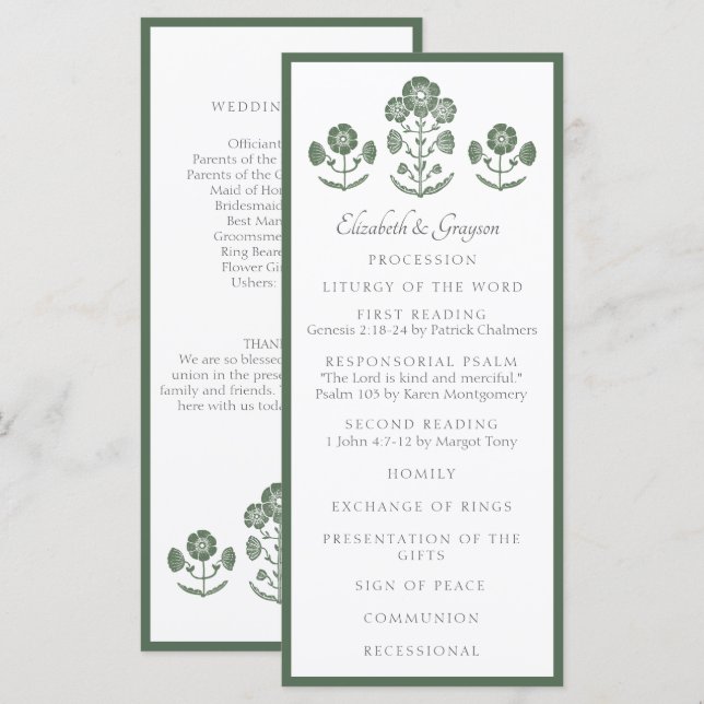 Menu Impression botanique en bloc vert et blanc (Devant / Derrière)