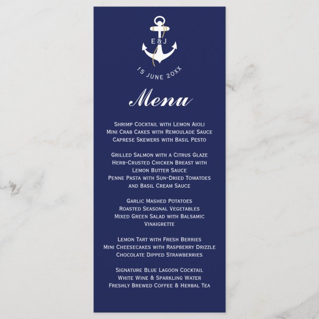 Menu Initiales de mariage nautique d'ancre élégante (Devant)