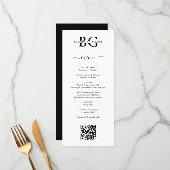 Menu Initiales de monogramme blanc et noir Mariage de c (Devant/Arrière en situation)