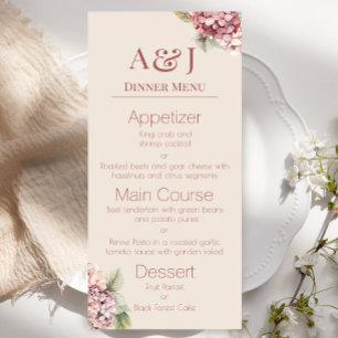 Menu Initiales de monogramme Fleurs d'hortensia à l'aqu