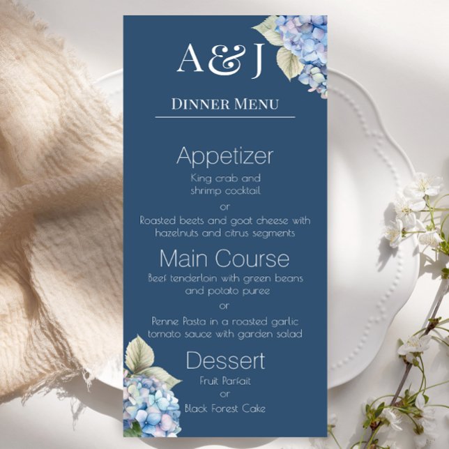 Menu Initiales de monogramme Fleurs d'hortensia bleues  (Créateur téléchargé)