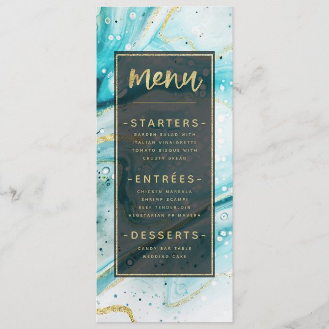 Menu Inky Splash Marbre Turquoise avec feuille d'or Dîn (Devant)