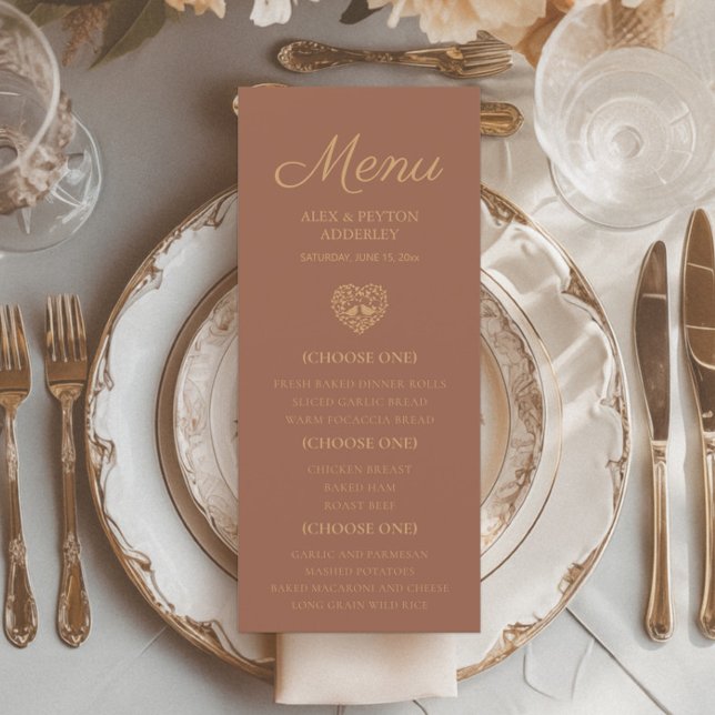Menu Inséparables de réception de mariage orange brûlé  (Terracotta/burnt orange wedding reception menu)