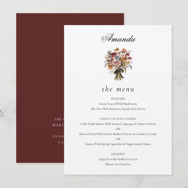 Menu Invité personnalisé Nom d'automne Fleurs Mariage (Devant / Derrière)