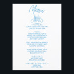 Menu Italie Bleu manuscrit dessiné Mariage méditerranée<br><div class="desc">Un menu vintage rétro moderne, bleu et blanc mariage pour le dîner. Ce qui présente un design modèle chic de la typographie arrière - plan blanche et de la typographie manuscrite bleue. Avec une table dessinée à la main, une bouteille de vin et des verres, un plat et une fourchette....</div>
