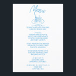 Menu Italie Bleu manuscrit dessiné Mariage méditerranée<br><div class="desc">Un menu vintage rétro moderne, bleu et blanc mariage pour le dîner. Ce qui présente un design modèle chic de la typographie arrière - plan blanche et de la typographie manuscrite bleue. Avec une table dessinée à la main, une bouteille de vin et des verres, un plat et une fourchette....</div>