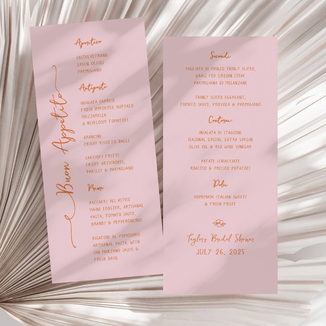 Menu italien rose écrit à la main Buon Appetito (pink and orange "Buon Appetito" Italian bridal shower menu)