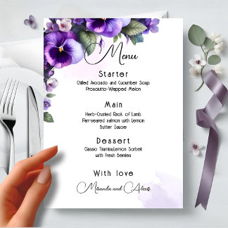 Menu Ivoire à thème floral violet et argent 