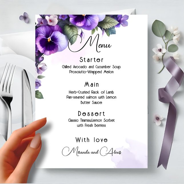Menu Ivoire à thème floral violet et argent  (Créateur téléchargé)