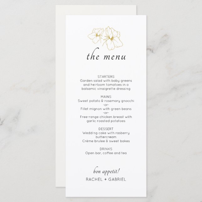Menu Ivoire et blanc | Chic Faux Gold Floral Mariage (Devant / Derrière)