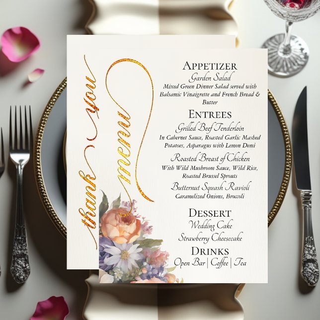 Menu Ivoire - Monogramme, Fleurs sauvages & Merci  (Créateur téléchargé)
