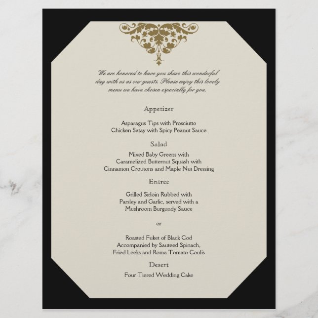 Menu Ivory Black and Gold Mariage damassé (Devant)