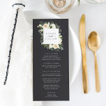 Menu Ivory Bloom | Aquarelle Mariage de cadre Floral<br><div class="desc">Notre collection de fleurs d'ivoire à mariage florale présente une verdure d'aquarelle délicatement peinte,  des feuilles d'eucalyptus,  un feuillage botanique vert et des fleurs de pivoines blanches et d'ivoire. Personnalisez ces menus élégants de réception de mariage avec vos choix de repas,  avec vos noms en haut.</div>