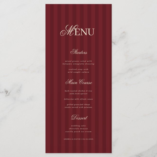 Menu Ivory & Burgundy Elegant Stripes Retro Wedding (Devant)