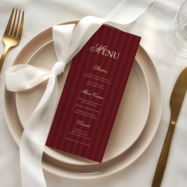 Menu Ivory & Burgundy Élégantes Rayures Rétro Mariage (Créateur téléchargé)