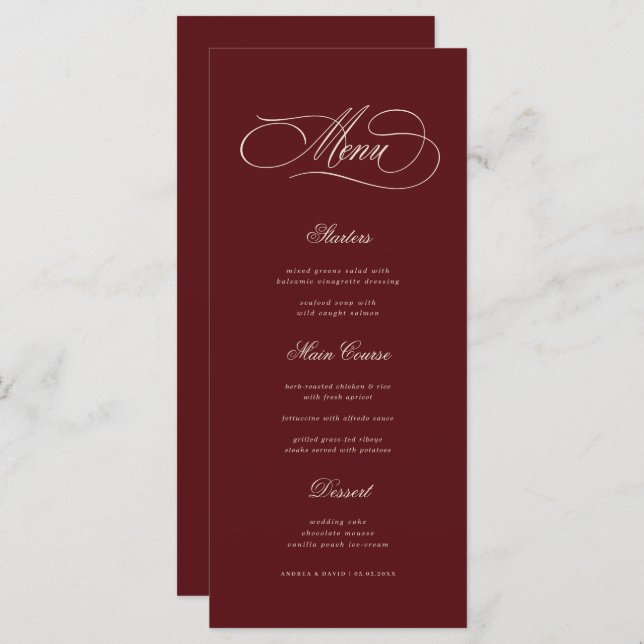 Menu Ivory & Burgundy Old Money Aesthetic Retro Wedding (Devant / Derrière)