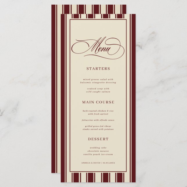 Menu Ivory & Burgundy Stripes Border Retro Wedding (Devant / Derrière)