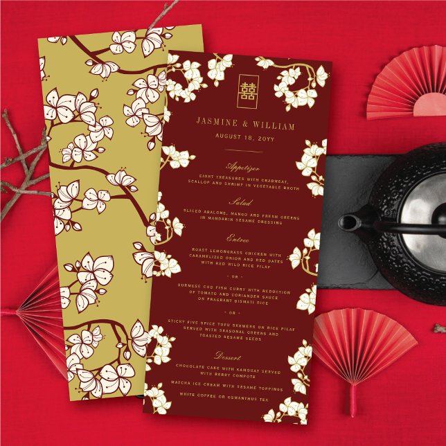 Menu Ivory Peach/Fleurs de Prunier Double Bonheur Maria (Ivory Peach/Plum Blossoms Double Happiness Floral Chinese Wedding Menu Card @ fatfatin_red_knot)
