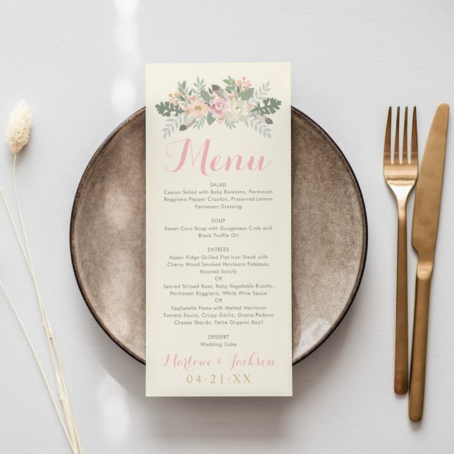 Menu Ivory Rose et Or Floral Boho Mariage Dîner (Créateur téléchargé)