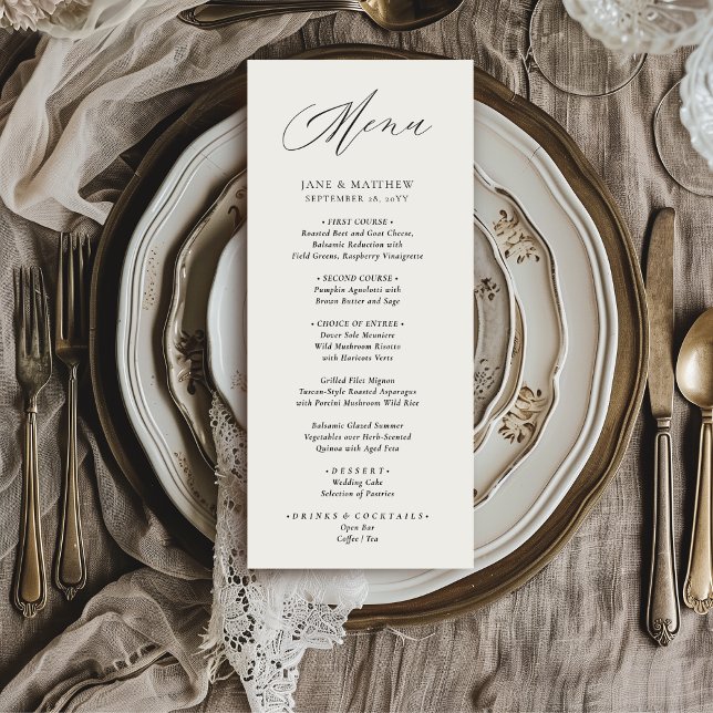 Menu Jane Simple Élégant Mariage Noir Écriture (This elegant wedding dinner menu features a handwritten calligraphy script font)