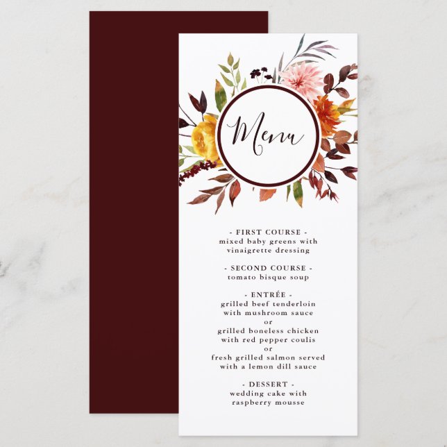 Menu Jardin d'automne Marsala Mariage d'aquarelle (Devant / Derrière)