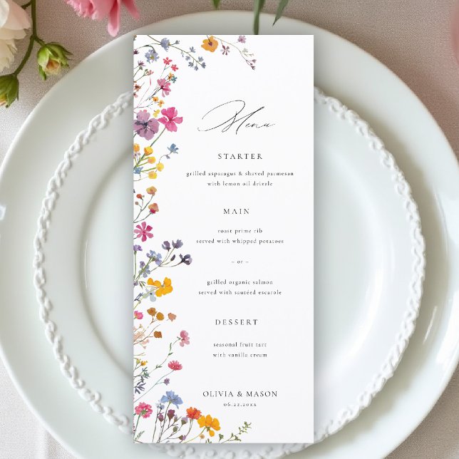 Menu Jardin de Fleurs Sauvages Mariage Moderne Floral É (wildflower wedding menu watercolor garden backyard barn summer spring elegant trendy stylisyh)