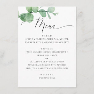 Menu Jardin de mariage à la verdure d'eucalyptus. Écrit