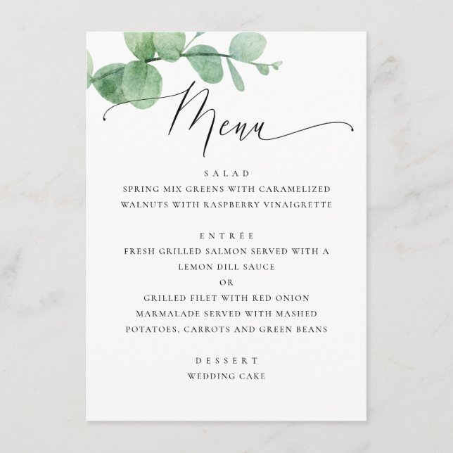 Menu Jardin de mariage à la verdure d'eucalyptus. Écrit (Devant)