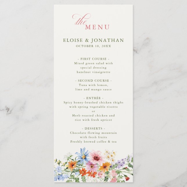 Menu Jardin de mariage rustique de prairie printanière  (Devant)