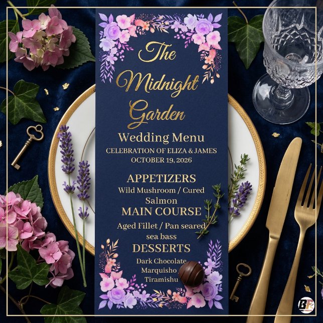 Menu Jardin de Minuit Mariage Navy Bleu et Or Script (Créateur téléchargé)
