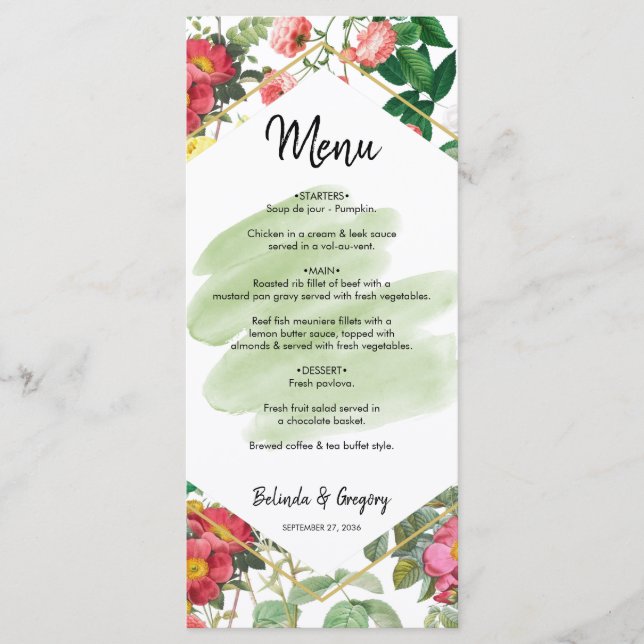 Menu Jardin floral, aquarelle et Mariage géométrique (Devant)