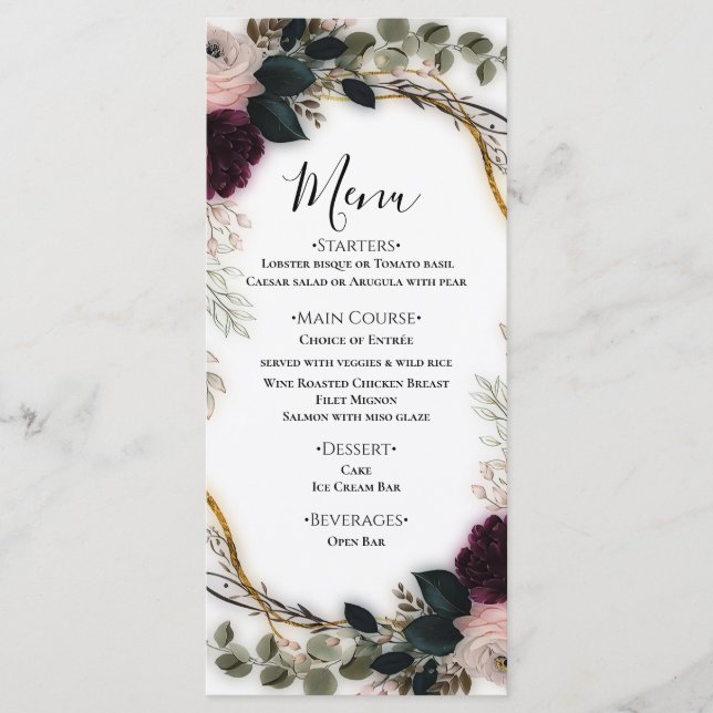 Menu Jardin Floral de Verdure de Prune Veloutée Mariage (Devant)