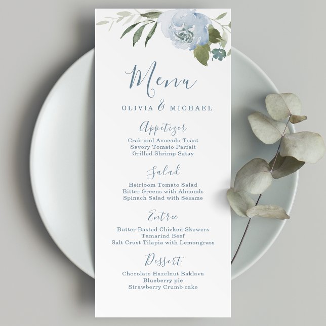 Menu Jardin romantique mariage floral bleu poussiéreux (Romantic garden dusty blue floral wedding menu)